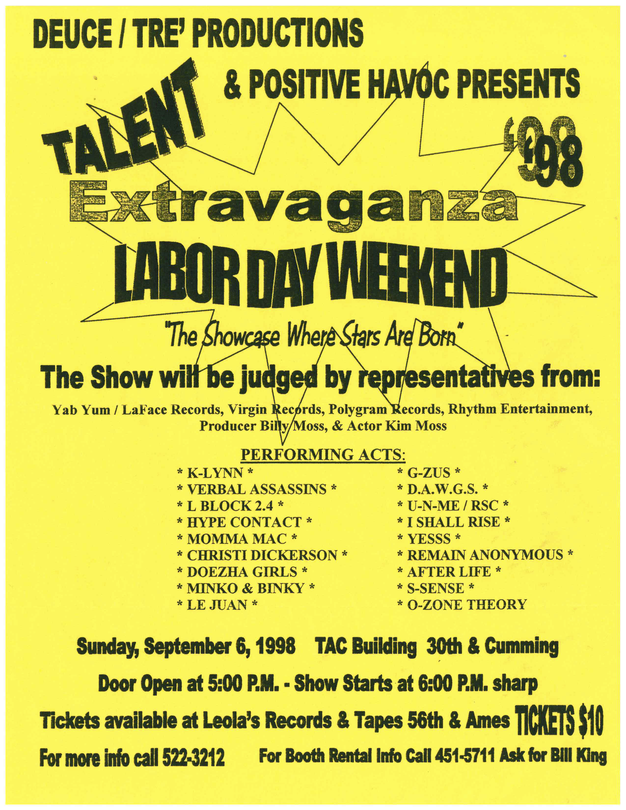 Flyer for Talent Extravaganza '98 showcase